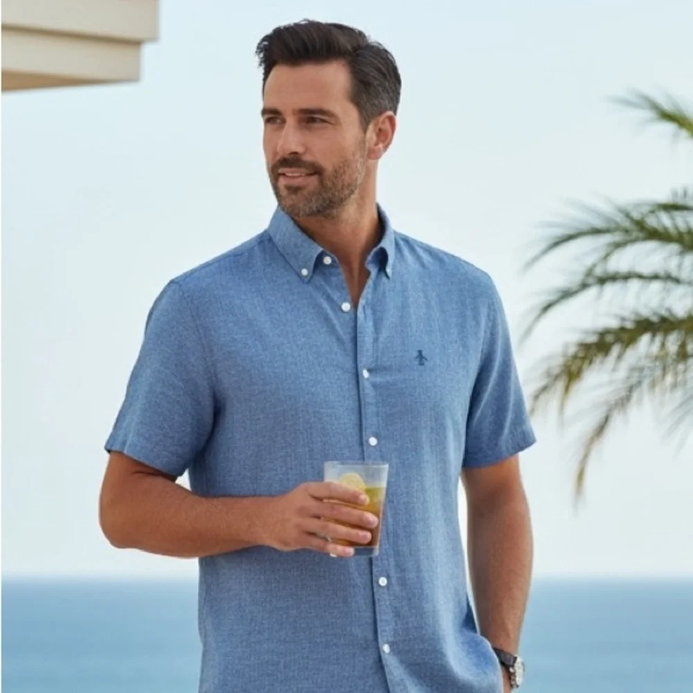 Original Penguin Linen Blend Button-Down Shirt Blue Chambray L Casual ResortWear - Picture 2 of 10